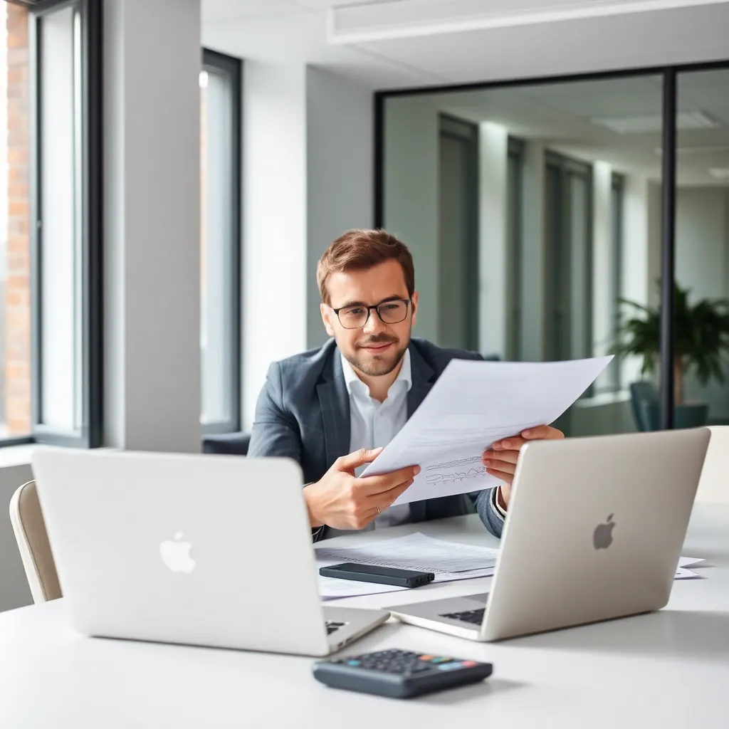 Nederlandse ondernemer die financiële documenten analyseert in modern kantoor