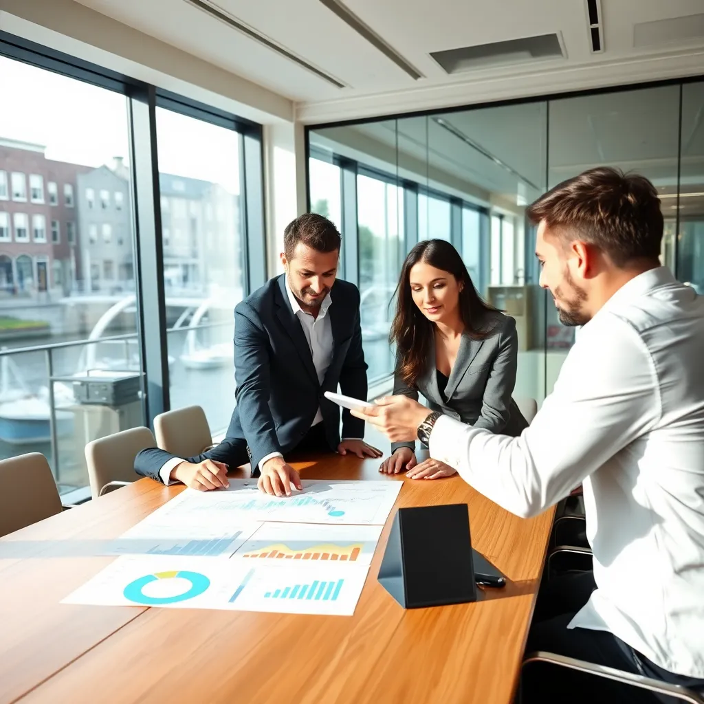 Nederlandse ondernemer die financiële documenten analyseert in modern kantoor