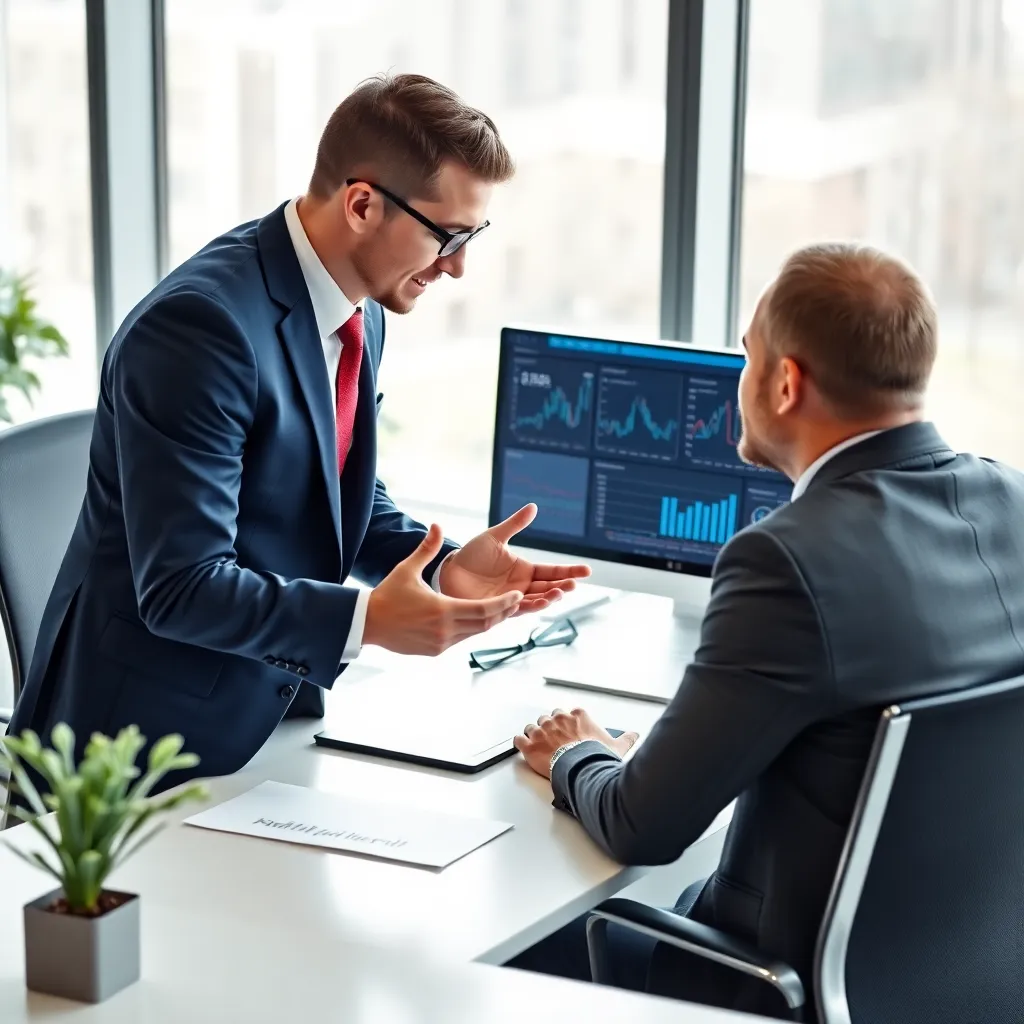 Ondernemers bespreken investeringsstrategieën in modern kantoor